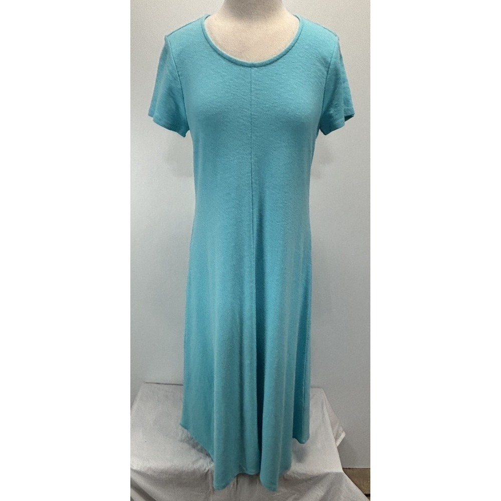 Chicos Midi Dress Sz 1 US Medium Aqua Blue Comfort Stretch Short Sleeve Slub